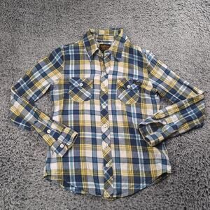 Civilianaire Shirt Men Small Blue Yellow Button Up Flannel Workwear Made in USA